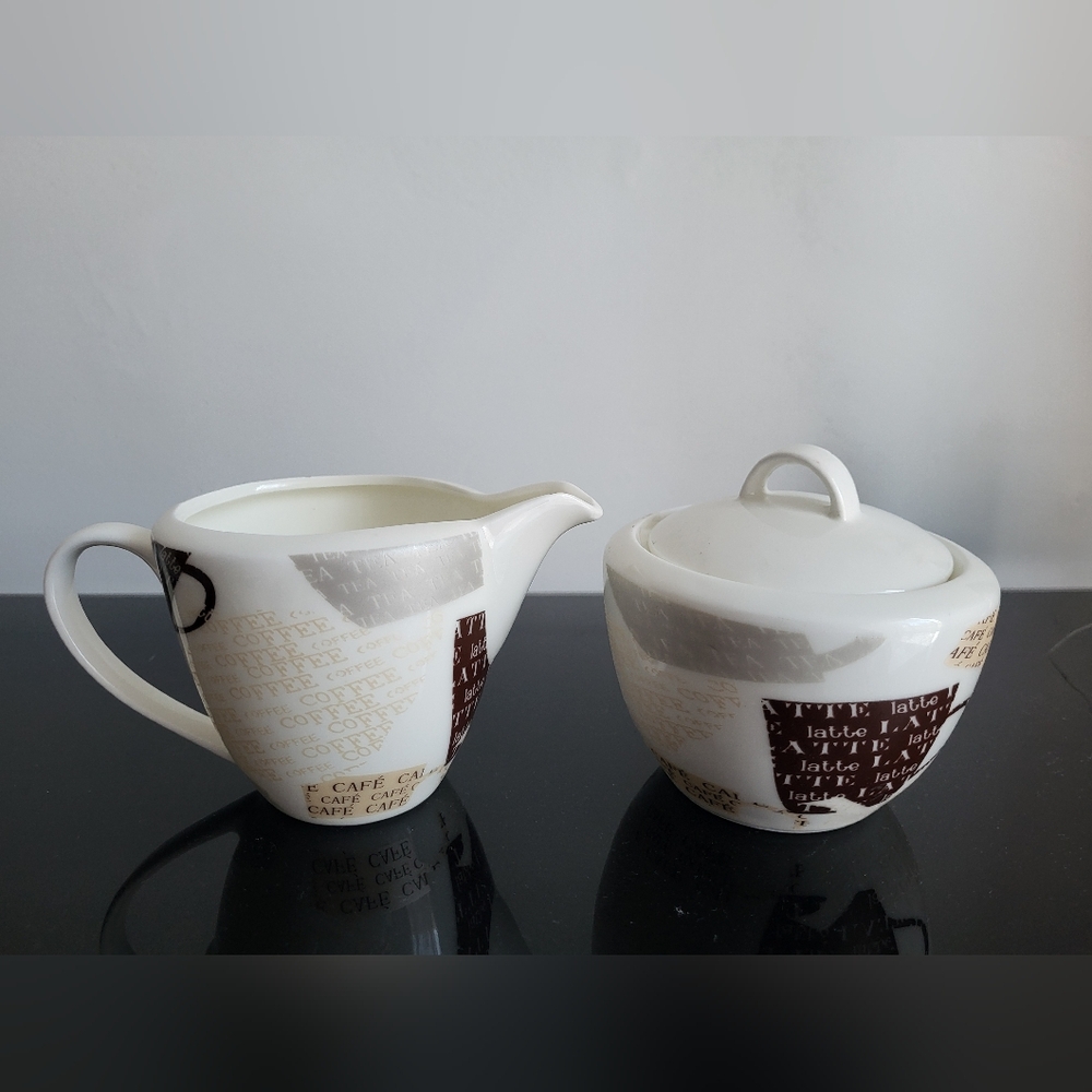 Cream and Brown Coffee Set Creamer and Sugar Bowl